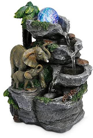Dyna-Living Elephant Fountain Indoor Water Fountain, Tabletop Waterfall Fountain with Colorful LED Light and Rolling Ball Zen Water Feature Quiet Pump for Home Office Desk Decoration Gift