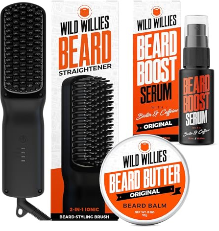 Wild Willies Beard Care Kit: Heated Beard Straightener for Men, Beard Butter, & Beard Growth Serum - Ultimate Grooming Tool Set, Beard Balm, Hydrating Serum, Hot Comb Beard Brush for Daily Use