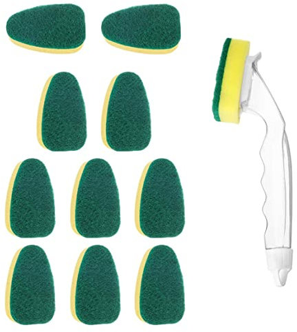 12 pezzi/set spugna con manico, spugna del piatto con manico a bordo per pulizia della pulizia bacchetta per piatto per cucina, lavandino, bagno, pennello per la pulizia sostituibile