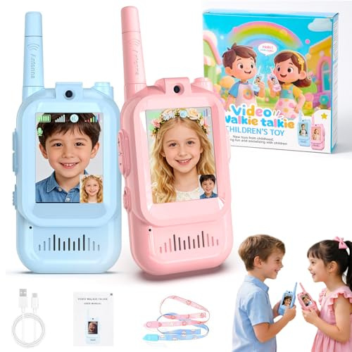 Video Walkie Talkie Bambini,2 Pcs Mini Video Walkie Talkie per Bambini,Dispositivi Ricaricabili con Interfono Video,Modificatore Vocale Display,Giochi per Interni ed Esterni per Attività in Famiglia