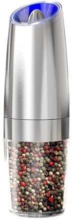 ELMWAY Gravity Salt and Pepper Grinder by ELMWAY – Battery-Powered Electric Salt & Pepper Mill with Tilt-to-Start, Adjustable Coarseness, LED Light & Stainless Steel Finish (4 AAA Required) – Single