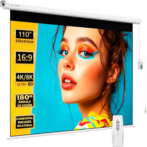 Pantalla de Proyector Eléctrica 110 Pulgadas 16:9 Luxscreen, Área Visible Blanca 243 x 137cm, Requiere un Espacio de instalación de 272cm, Instalación a Pared ó Techo, con Mando