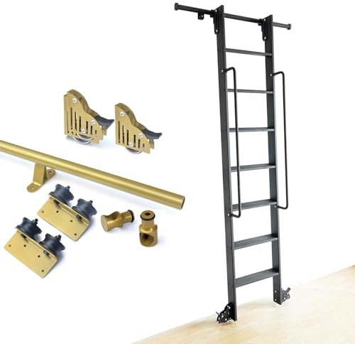 Kit d'échelle coulissante dorée de 2 m – Système de rail de bureau mobile avec tube rond et roulettes de sol pour portée de 7,3 m – Matériel de glissement facile pour la maison et le bureau