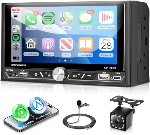 VECHTEL Autoradio 2 Din avec Carplay Android Auto sans Fil, 6,8'' IPS HD Écran Tactile Poste Radio Voiture Soutien Bluetooth FM/AM/RDS 2USB/Type-C Mirror Link Commandes au Volant Télécommande Caméra