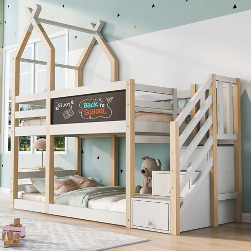 LINKHOO lit superposé, lit bébé cabane dans Les Arbres INCL. Tableau Noir, avec Rangement et Protection Contre Les Chutes, 2X sommier à Lattes (sans Matelas) 90×200, Naturel et Blanc