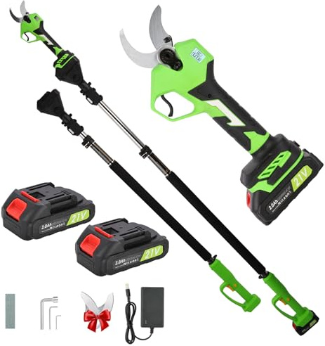 Tijeras de Podar Eléctricas con Pértiga Telescópica 2 m, Corte 30/40 mm Ajustable,2×2.0Ah Batería,Cabezal 180°, Pantalla de Batería, Podadora Telescópica para Árboles Frutales, Olivo y Jardín