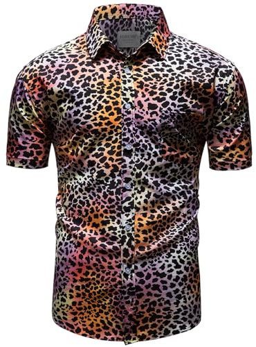 fohemr Mens Leopard Print Shirt Short Sleeve Casual Button Down Retro Cheetah Printed Shirt