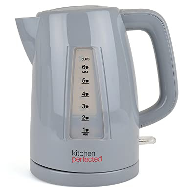 KitchenPerfected Quiet Rapid Boil Eco-Friendly Cordless Kettle - 3000w, 1 cup boil, 1.5 Litre (6 cups), Removable Filter - Grey - E1526GR