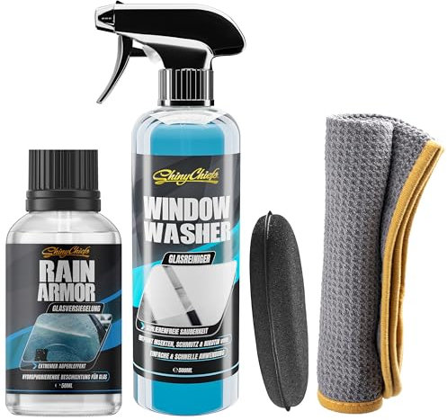 ShinyChiefs RAIN AMOR + WINDOW WASHER SET - Schonender Scheibenreiniger für innen & außen mit hoher Schmutzlösekraft + Autoscheiben-Versiegelung mit hydrophobem Schutz, 2 Mikrofasertücher & Applikator