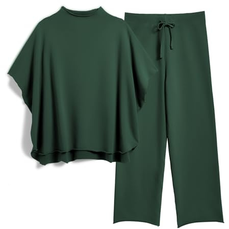 SeeLuNa Damen Zweiteilige Outfits 3/4 Fledermausärmel Capelet Rundhalsausschnitt Pullover Top Wide Leg Pants Lounge Set, Dunkelgrün, L