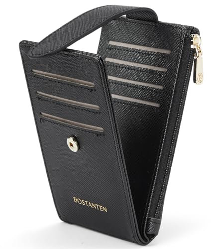 BOSTANTEN Kreditkartenetui Damen PU Leder Geldbörse Damen Klein RFID Schutz Kartenetui mit Münzfach Frauen Geldbeutel Mini Portemonnaie Slim Card Holder mit 14 Kartenfächer, Schwarz