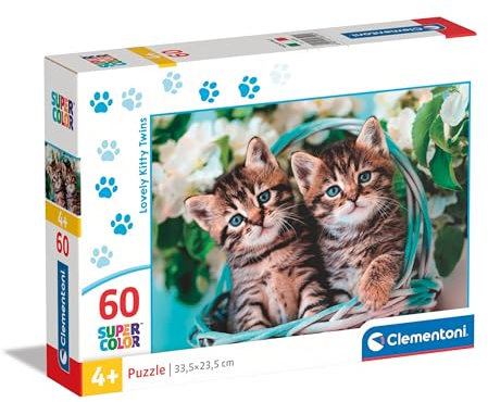 Clementoni Jigsaw Puzzle Lovely Kitty Twins 60 Pieces - Supercolor Puzzle For Children 4-6 Years, Realistic, Animals, Cats, Gift For Boy/Girls, Puzzle For Kids, Made In Italy, 26599