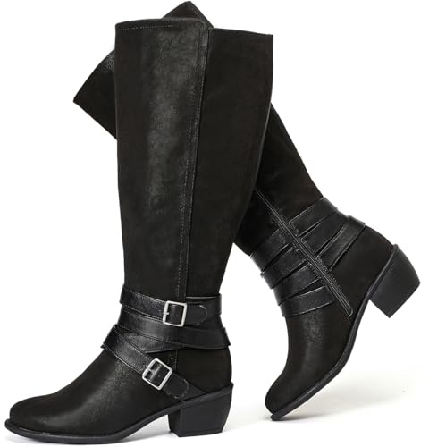 Luoika Women's Extra Wide Calf Slouchy Knee High Boots, Wide Width Knee-High Boots Low Stacked Heel Side Zipper Winter Fall Tall Boots., Dark Grey 401, 10 X-Wide
