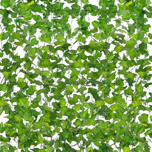 Homvik Paquete de 12 enredaderas artificiales de hiedra artificial de 84 pies para colgar en la pared, habitación, dormitorio, valla de jardín, resistente a los rayos UV, hojas verdes falsas para