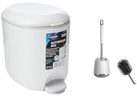 Addis 518503 Premium Deluxe Bathroom Pedal Bin with inner, White Grey & Ibergrif M34152 Silicone Toilet Brushes & Holders, Deep Cleaner, Toilet Brush with Quick Drying Holder Set for Bathroom