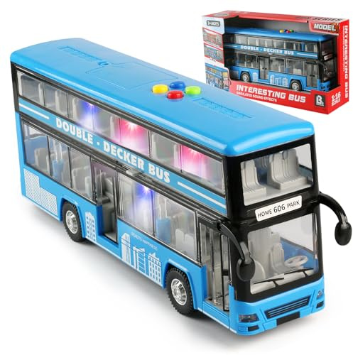 Cdymkf 11(28cm) Double Decker Bus Toy with Lights & Sounds, Scale(1:16) Friction Powered Bus Toy for Kids with Indoor Ceiling Lights and 4 Different Sounds - Gift for Kids Ages 3+ (Bule)