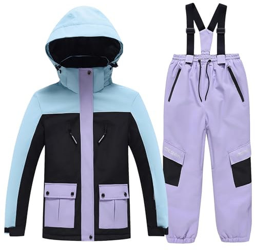 Amur Leopard Kinder Mädchen Skianzug 2tlg Skijacke + Skihose Winddichte wasserdichte Schneeanzug Jungen Verdickte Skianzüge, Schwarze Jacke+Lila Hose, 146-152 (Etikettengröße: XXL)