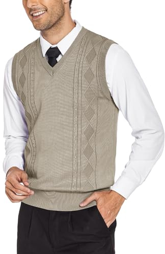 COOFANDY Men's Sleeveless Jumpers V-Neck Sweater Vest Winter Sleeveless Jumpers Knitted Waistcoat Lightweight Pullover Vest Khaki S