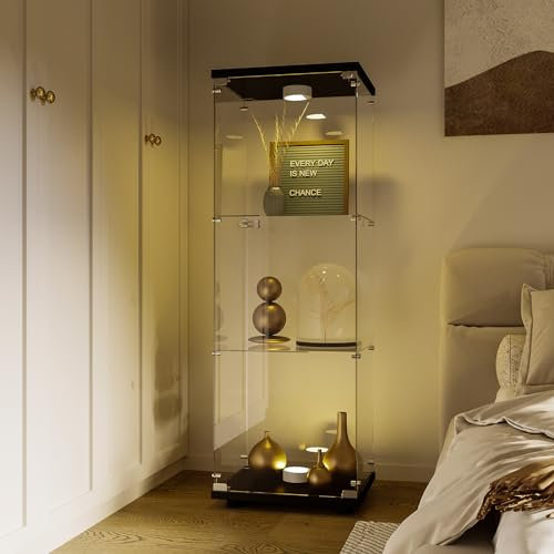 MIOOSUT vitrina de cristal con LED, 125 cm vitrina sobre pie de cristal con 1 puerta 3 estantes transparente, mueble vitrina de cristal, vitrina de colección armario vitrina salón (3 capas, 1 puerta,