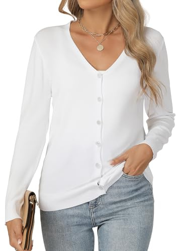 Famrrifuu Gilet Femme Cardigan avec Bouton Col en V Été Printemps Manches Longues Veste Tricot Léger Casual Gilets, Blanc, XXL