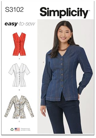Simplicity SS3102Y5 Misses' Denim Button-Front Shirt Sewing Pattern Packet, Design Code S3102, Sizes 18-20-22-24-26