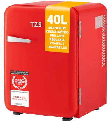 TZS First Austria - Mini Réfrigérateur Rétro 40L silencieux - Petit Minifrigo design vintage avec lumière intérieure et 2 compartiments de porte - Minibar pour camping, bureau, chambre & hôtel - rouge