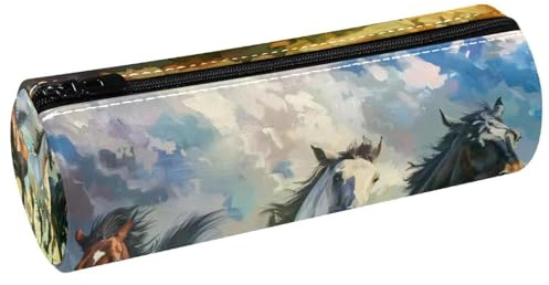 VAPOKF Trousse à crayons avec trois chevaux qui courent, en cuir synthétique, trousse de maquillage, pour femmes, filles, garçons, enfants, fournitures scolaires et de bureau, multicolore, 20x6.3x6.3
