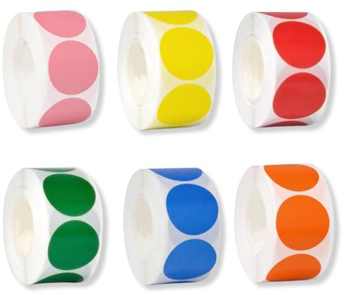 KEQAR 6 Rollen bunter Punktaufkleber, Markierungspunkte Farbkodierung, runde Aufkleberpapier-Etikettenrollen, runde Etiketten für DIY-Bürokalender