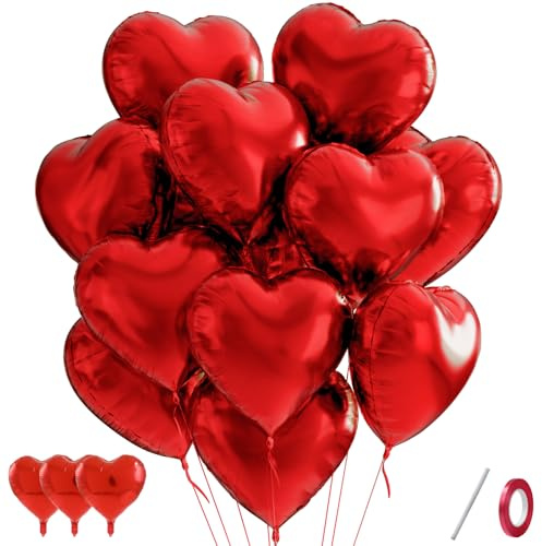 QIFU Red Heart Balloons 25 Pack, Love Heart Balloons Valentines Balloon with 1pc Red Ribbon, Helium Foil Hearts Balloon for Romantic Valentines Decorations Anniversary Engagement Wedding Girlfriend