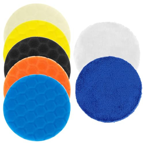 QWORK® Juego de 7 Almohadillas de Pulido, 5pcs 150mm Esponja pulir para Coche con Almohadillas de Lana y Almohadilla de Microfibra para pulir, encerar y sellar esmaltes