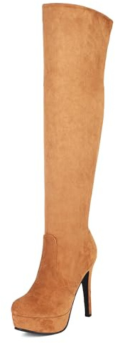 Bviennic Stivali Alti Donna Sopra Il Ginocchio Tacco a Spillo con Plateau Moda Punta Rotonda Zip Stretch 2569 Marrone Numero 38 EU/39Cn