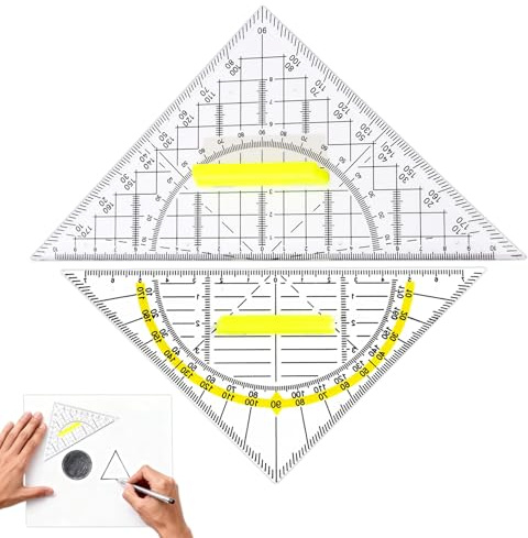 HAYGEM 2 Piezas Transportador de Angulos con Mango, Escuadra y Cartabon con Graduación Amarilla, Ángulo Recto Escuadras con Mango Transparente, para Oficinas Escolares, Matemáticas y Arte