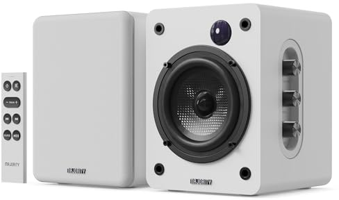 MAJORITY D50X Altavoces Activos 2.0 de 60W para PC | Altavoces HiFi de estantería con Bluetooth 5.3, HDMI ARC y AUX | Monitores de Estudio con chasis de Fibra de Carbono (Blanco)