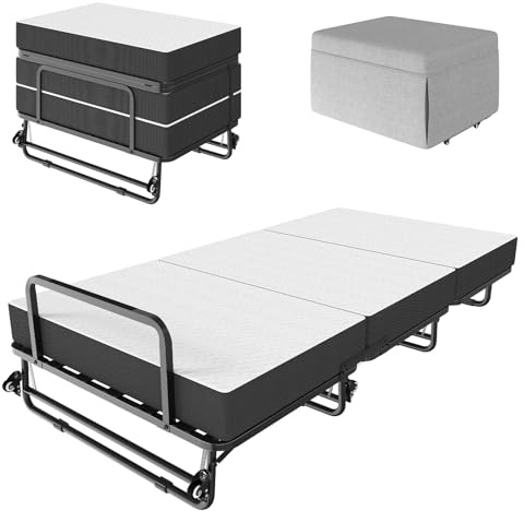 DICTAC Folding Bed with Mattress, 75x38 Twin Size Frame, Portable Rollaway Guest Bed with Memory Foam Mattress, Converts to Sofa Ottoman, Heavy Duty Metal & Easy Fold