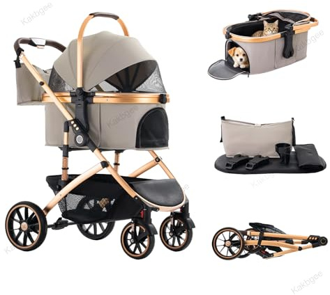 Kakbgee Pieghevole Passeggino Per Cani, Carrozzina Per Cani E Gatti Piccoli E Medi, Piegatura Con Un Clic, Trasportino Rimovibile, Cuscinetto Lavabile, Guinzaglio Di Sicurezza, Ruote PU 9, 22KG,Cachi