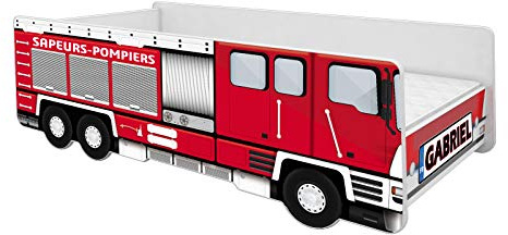 ACMA Lit Junior Camion de Pompiers 160x80 cm avec Matelas et Sommier à Lattes | Lit Enfant Voiture Design Camion de Pompier pour Garçon | Couchage Junior Personnalisé + Prénom