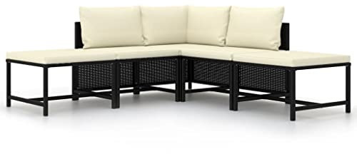 vidaXL Gartenmöbel 5-TLG. mit Auflagen Lounge Sofa Sitzgruppe Mittelsofa Ecksofa Fußhocker Sitzgarnitur Gartenset Gartensofa Schwarz Poly Rattan