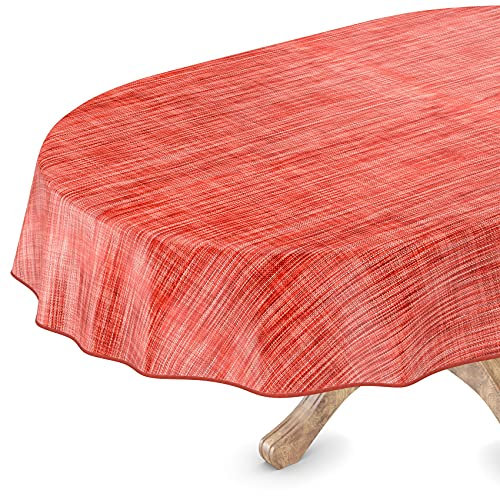 Tischdecke abwaschbar Wachstuch Wachstuchtischdecke Oval 140 x 280cm mit Saum Leinen Textil Optik Rot Gartentischdecke Wachstuch