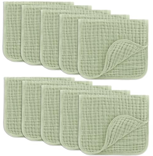 Comfy Cubs Muslin Burp Cloths 50 x 25 cm, Pack of 10 - Large 6-Layer Ultra-Absorbent 100% Cotton for Babies Drool & Messes - Safe & Gentle Baby Burp Cloth Set for Boys & Girls - Sage