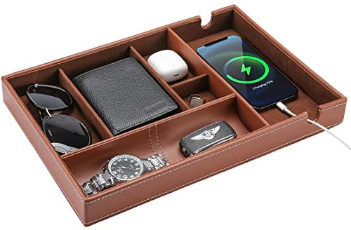 ProCase Bandeja de Almacenamiento, Bandeja de Cuero Organizador y Decoración Vaciabolsillos de Escritorio Mesa Recibidor Entrada Tocador para Llaves Gafas Móvil Mandos -Marrón