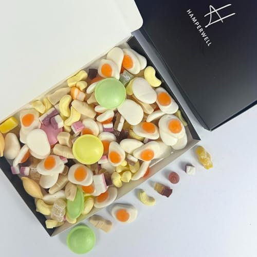 Retro Pick N Mix Sweets Letterbox Gift Hamper With Foam Bananas, Dolly Mixture, Milk Bottles, Fried Eggs, Cola Bottles, Flying Saucers & Jelly Babies - Standard