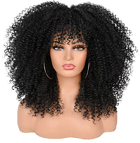 ISAMY Perruques longues bouclées pour femmes noires Afro Bomb perruque bouclée avec frange en fibre synthétique sans colle Cheveux afro longs bouclés (Noir)