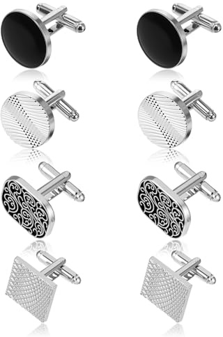 Nogeqi 4 paires de boutons de manchette pour hommes, boutons de manchette personnalisés classiques pour hommes mariage affaires soirée danse classique noir argent