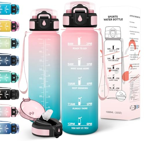 Motswedi Gourde 1l, Anti-Fuite, Gourde Paille, avec Marqueur de Temps, Bouteille d'eau, Poignée de Transport, Bouteille avec Paille, Facile à Ouvrir, pour Randonnée, Sport, Yoga, Vert Rose