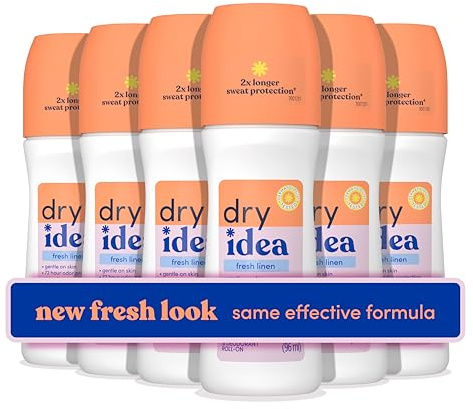 Dry Idea Fresh Linen Roll On Deodorant & Antiperspirant for Women - for Sensitive Skin, 2X Longer Sweat Protection, 72Hr Odor Control, Womens Deodorant, 3.25oz (Pack of 6)