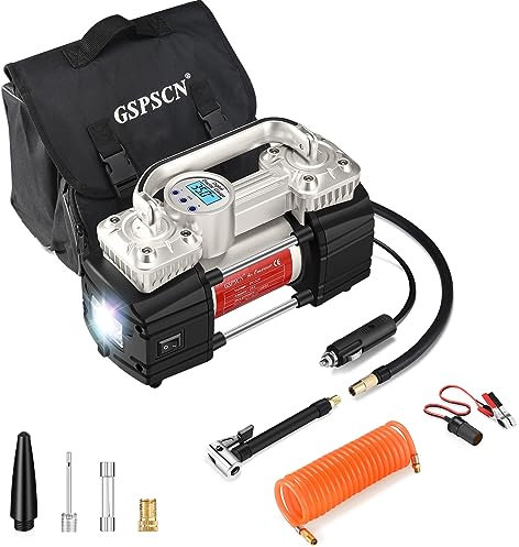 GSPSCN Portable Digital Car Tyre Inflator with Gauge 150Psi Auto Shut-Off, Heavy Duty Double Cylinders 12V Air Compressor Pump with LED Light for Auto,Truck,Car,Bicycles and Other Inflatables