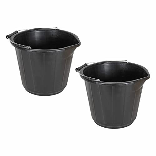 (Set of 2) 14L Litre Strong Plastic Builders Bucket 3 Gallon Multipurpose Storage Bucket Construction Bucket With Metal Handle & Spout For Cleaning Animal Feed Mixing Home & Garden Made in UK (Black)