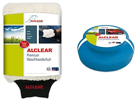 ALCLEAR Mikrofaser Handschuh zum Auto waschen mit Shampoo & 5713050M Auto Profi Handpolierschwamm 130 x 50 mm mit umlaufender Griffleiste für Wachse, Polituren, Lackreiniger, Politur Set