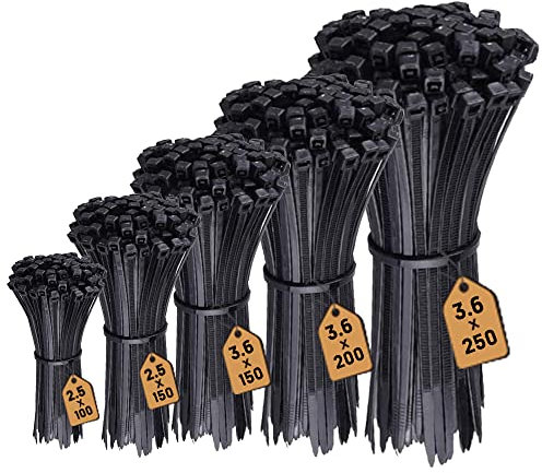 Hashtnagar 500 Pack Cable Ties Black, Heavy Duty Zip Ties Long Small tie Wraps (100mm x 2.5, 150mm x 2.5, 150mm x 3.6, 200mm x 3.6, 250mm x 3.6) Self Locking Nylon Plastic Ties for Garden Home Garage
