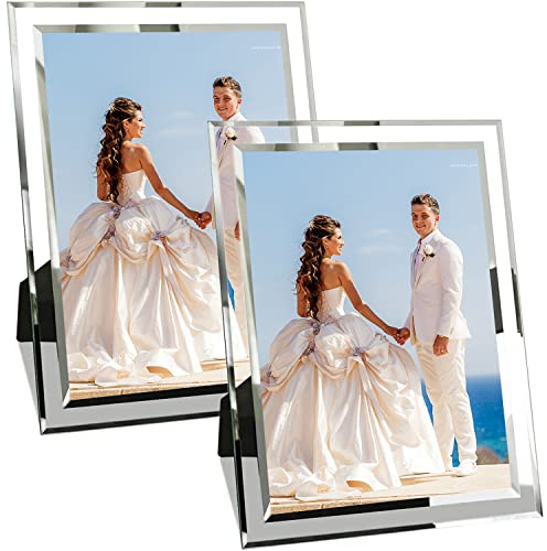 Glass Photo Frames 8x6 Set of 2, Crushed Diamond Sparkly Picture Frames, Silver Mirror Photo Frames for Wedding, Home Decor, Tabletop Display